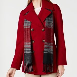 London Fog Double-Breasted Pea Coat with Plaid Scarf / PM / Red / Wool Blend